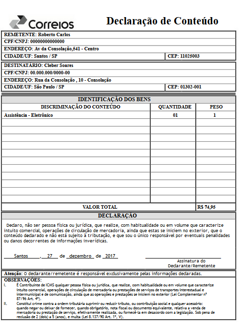 Declaracao De Conteudo Correios Imprimir 5114